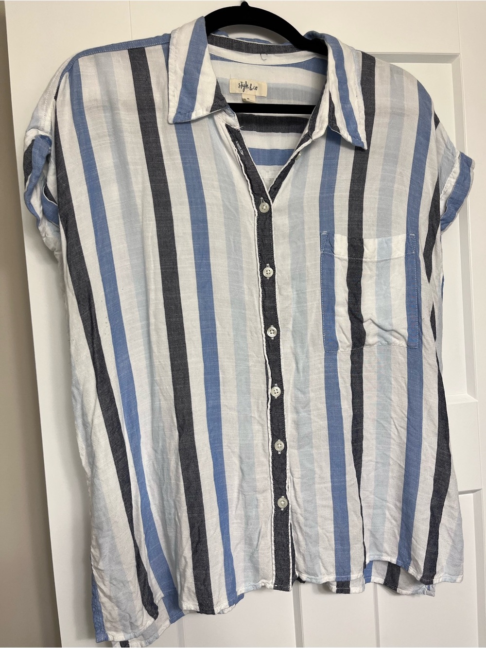 Style & Co. Vertical Stripe Short-Sleeve Button-Down - Blue, Navy & White